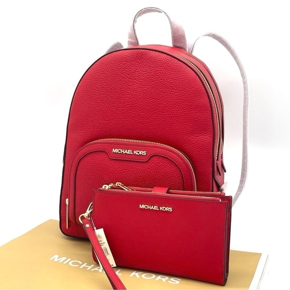 Michael Kors Jaycee Medium Backpack & Double Zip Wallet Wristlet Red/Gold - Picture 1 of 12